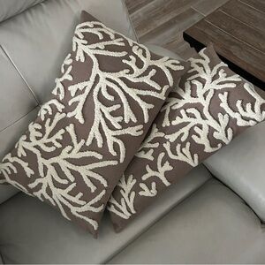 Throw Pillows Taupe & Cream. One PAIR. Coral Motif. 100% Duck Feather Inserts.